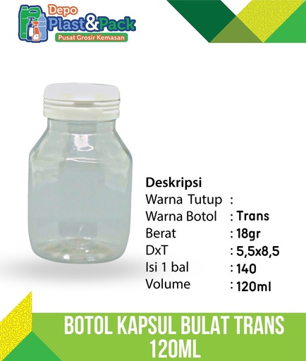 [BTLPLST0283] Botol Kapsul Bulat Trans 120ml